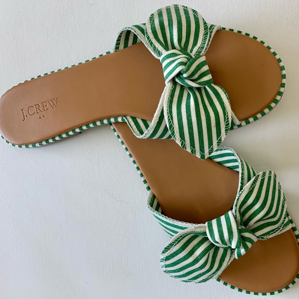 Canvas J.Crew slip-ons with summer vibe. Flats w/kelly green and white stripe.